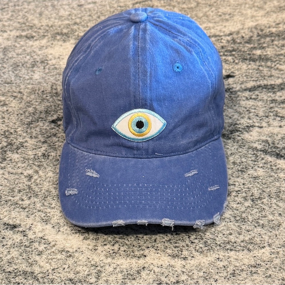 Price Firm New Custom Designed Blue Distressed Baseball Cap wLight Blue Evil Eye